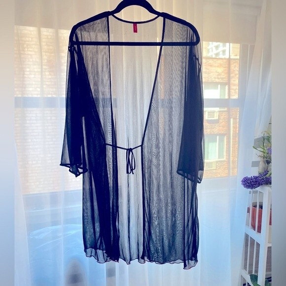 JOSIE NATORI Vintage Mesh Sheer Black Wrap Robe Sz L - Picture 2 of 10